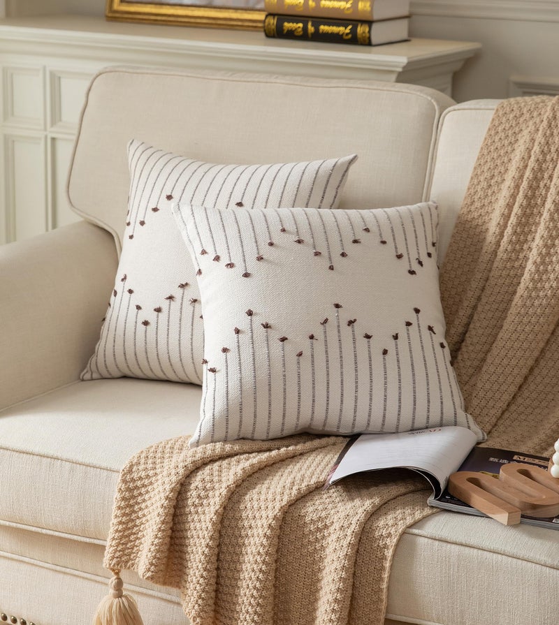 Caflife Boho Throw Pillow Covers 20x20 Set of 2 Decorative Pillows for Bed, Neutral Pillow Covers Beige with Coffee Line Throw Pillows for Modern Farmhouse Couch Sofa Living Room Outdoor - Image 3